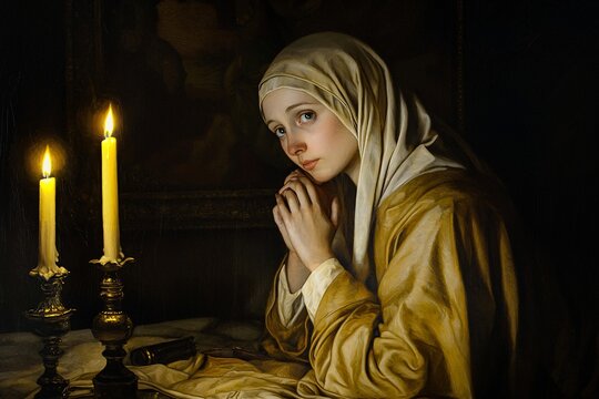 Saint Frances of Rome is captured in a serene, candlelit moment, reflecting her deep devotion and spirituality.