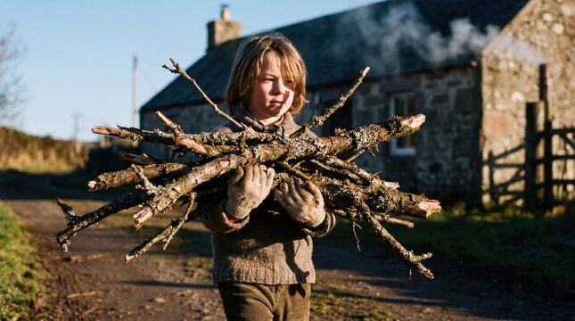 A child carrying a bundle of sticks stands in front of a stone cottage. The scene captures rural life and childhood responsibilities.