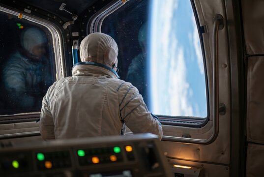 Astronaut looking out of spacecraft cupola window at planet limb