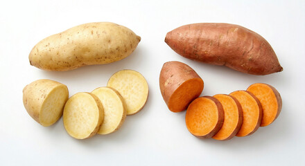 Obraz premium Fresh whole and sliced sweet potatoes on white background