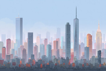 Naklejka premium Cityscape skyline with skyscraper buildings in soft morning light, urban architecture with high rise towers and autumn trees creating calm and peaceful atmosphere
