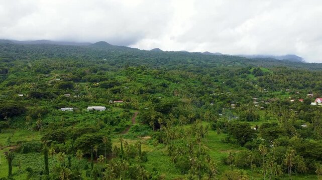 Aerial view rising over Taveuni in Fiji, South Pacific with green rugged landscape and local community houses nestled on hilly terrain of shield volcano