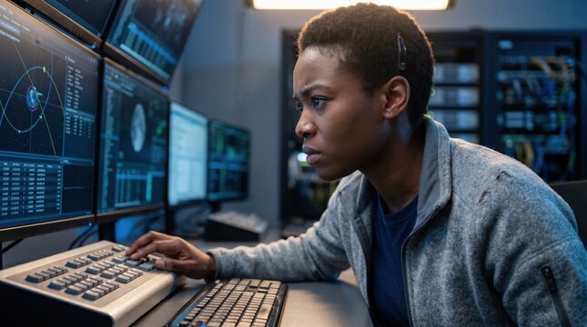 Woman monitoring satellite data on multiple computer screens