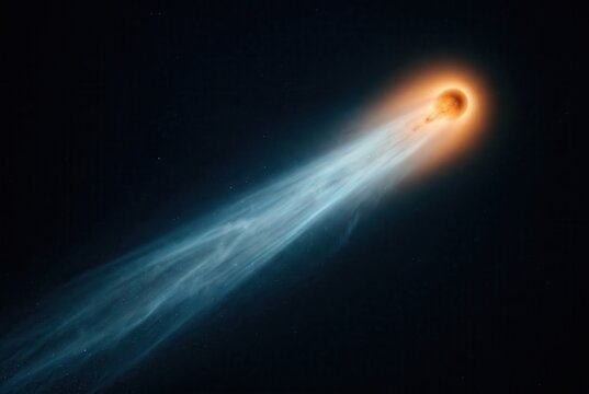 Comet with glowing orange head and white tail in dark space