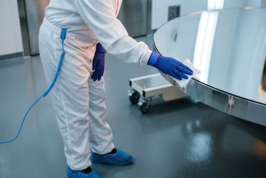 Technician cleaning large telescope primary mirror in observatory