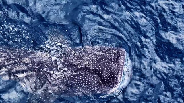 The distinct spotted pattern of a whale shark emerges as it moves through the swirling ocean waters.