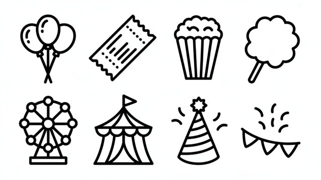 Cute Festival Essentials Line Art Set  Balloons, Tickets, and Carnival Fun Icons
