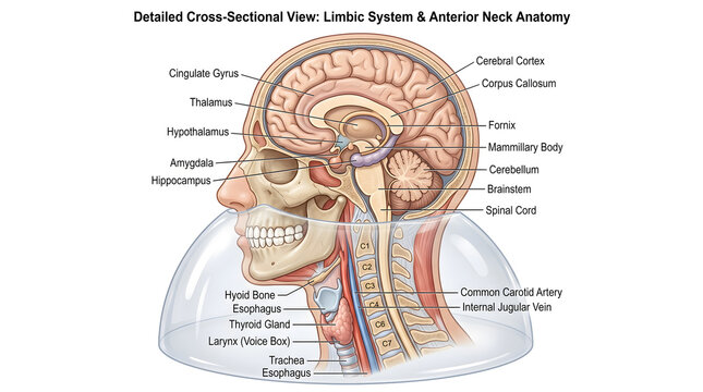 Detailed sagittal cross‑section of the human head and neck illustrating cerebral cortex, limbic system structures, cranial base, cervical spine, larynx, thyroid gland, trachea and major neck vessels f