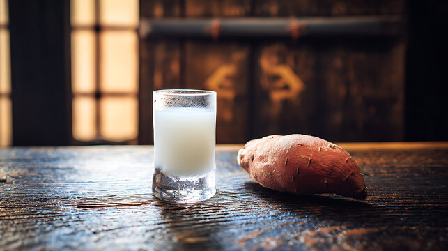 Glass of liquid and sweet potato on wooden table ideal for cinematic storytelling and documentaries