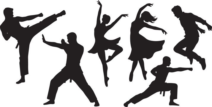 Black silhouettes of people performing martial arts karate moves, contemporary dance poses, and energetic jumping actions isolated on a clean white background.