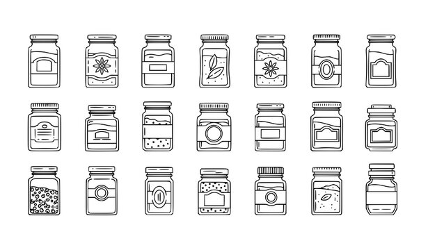 Spice jars outline icon collection with glass containers for herbs and seasoning editable stroke vector