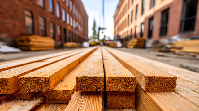 Stacks of wooden planks at a construction site symbolizing global connectivity and communication
