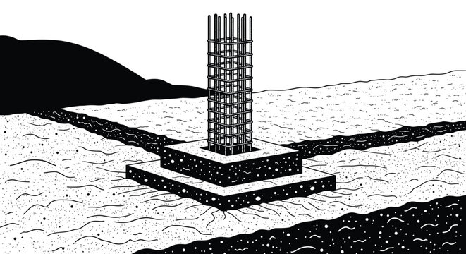 Technical architectural drawing of a building foundation showing a reinforced concrete column on a square foot pad.