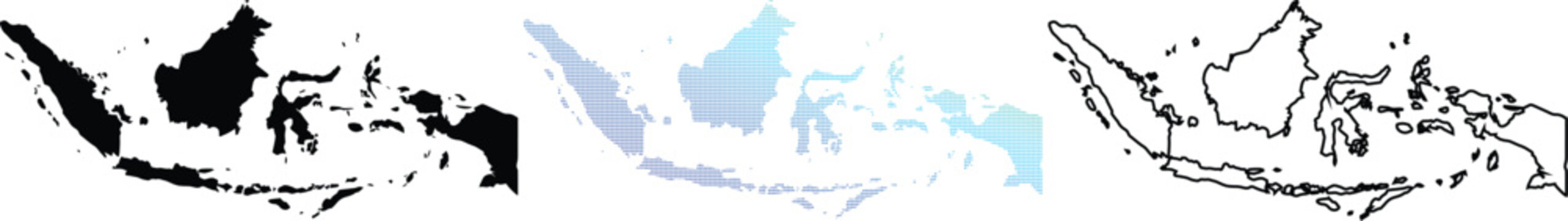 Detailed Indonesia Country Map Vector Set Featuring Silhouette, Digital Pixelated Dot Grid, and Minimalist Line Art Outline Designs