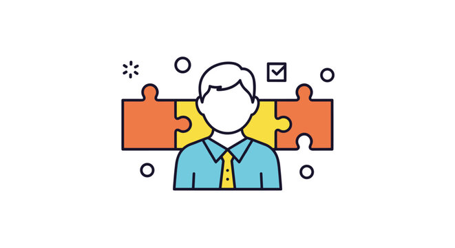 Professional businessman standing in front of a three piece puzzle board representing problem solving and teamwork.