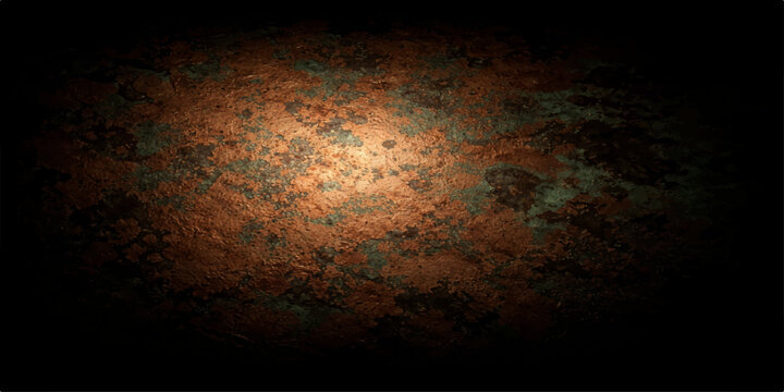 Abstract grunge background with orange fire and red rust texture on an old dark metal wall surface with space for your text
