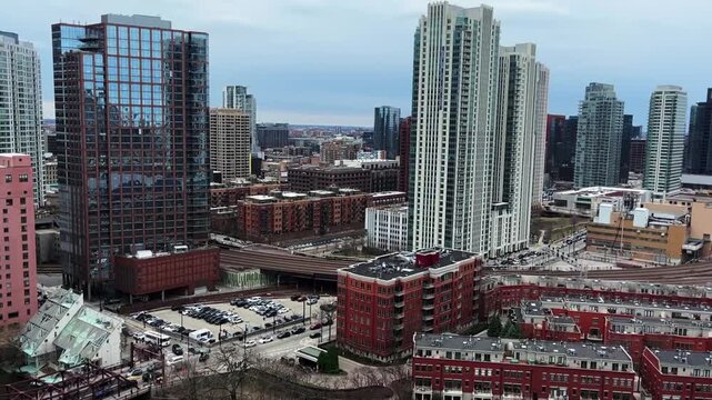 An aerial view of West Loop buildings in downtown Chicago.