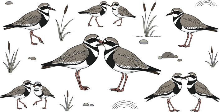 Set of Plover and Killdeer Bird Vectors Featuring Sandpipers in Various Poses with Marsh Plants and River Stones for Wildlife Nature and Environment Designs