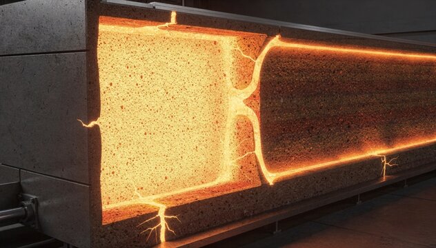 Mediumangle focus on glowing hot refractory lining demonstrating expansion and healing properties in a crosssection furnace wall under operational heat.