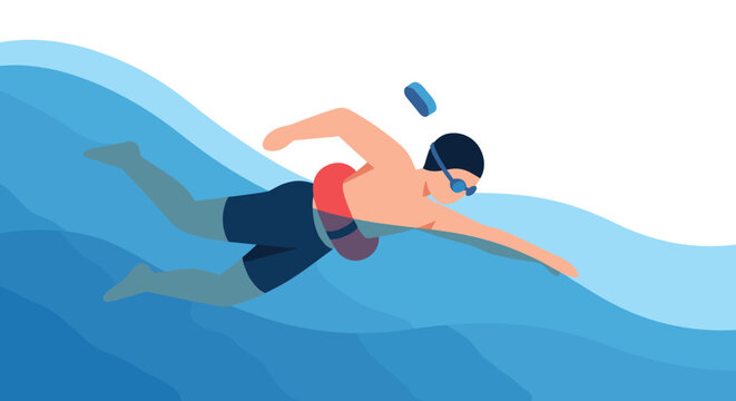 Male athlete in a swimming cap and goggles performing the front crawl stroke through vibrant blue water waves.