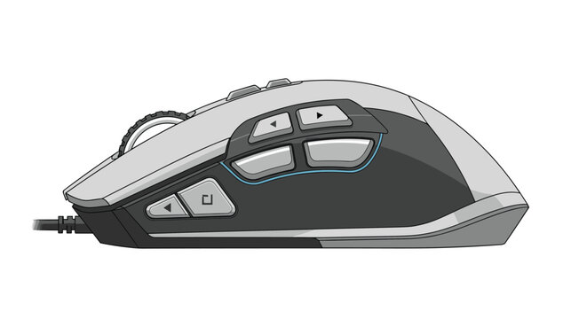 Ergonomic high performance gaming mouse side view illustration featuring multiple programmable buttons and a scroll wheel.
