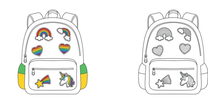 School Backpack Coloring Page for Kids, Cute Bag with Rainbow Patches, Unicorn, Heart and Shooting Star Illustration, Black and White Outline Vector Set for Children Education and Fun