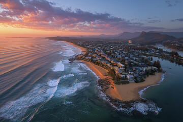 Naklejka premium Golden hour aerial view of seaside town with sandy beach, calm ocean waves, residential houses, and distant mountains under colorful sky at sunset