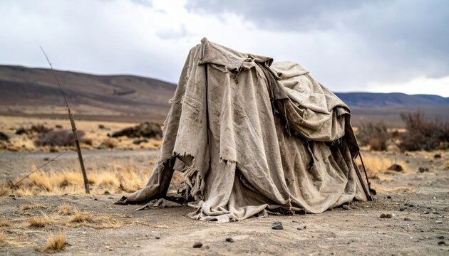 A weathered, frayed blanket draped over a primitive, makeshift shelter in a barren, outdoor desert landscape