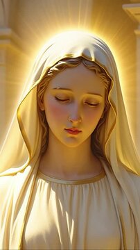 Close up of a serene Virgin Mary figure with eyes closed in prayer under golden light for spiritual devotion concept and religious faith