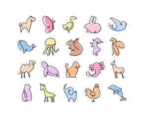 Fototapeta premium Animal doodle set in outline line featuring alpaca butterfly duck rabbit bird whale jellyfish squirrel seahorse eagle camel turtle cat