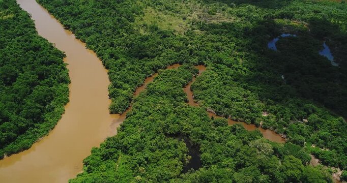River estuary channels of the Caravelas River system flowing through mangrove vegetation near Abrolhos coastal region Caravelas Bahia Brazil with tidal waterways and sediment rich water, drone aerial