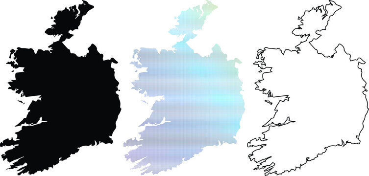 Set of Ireland map illustrations featuring a solid black silhouette, a modern pixelated blue gradient dot pattern, and a clean minimalist outline version.