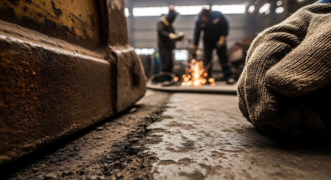 Close-up view of a gloved hand in a workshop, with sparks flying in the background as workers weld, industrial setting, manufacturing process