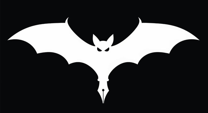 Bat silhouette icon with outstretched wings and small catlike face in high contrast vector style featuring nocturnal, night, creature with predator