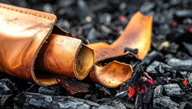 Charred Leather Fragments Brittle and Dry Amidst Smoldering Embers