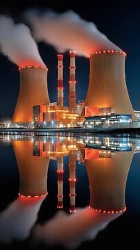 Power Plant Reflections: A striking visual of a power plant at night, its towering structures and plumes of smoke mirrored in the calm water.