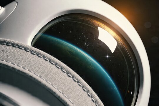 Space helmet visor reflecting planet limb and stars