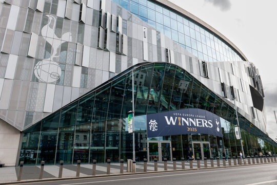London. UK- April 17.2026. The signs and symbols for the Tottenham Hotspur Football Club above the main entrance of its stadium.