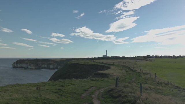 wideangle shot of a trail around the Flamborough Head Lighthouse in Yorkshire