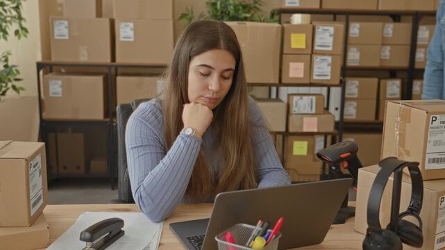 Woman at laptop with man leaning and pointing at screen beside stacked shipping boxes in a building; teamwork focus.