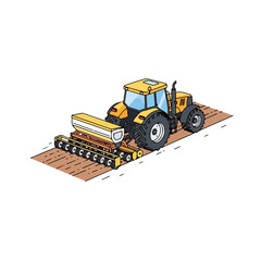 Obraz premium Isometric tractor with seeder attachment in field. Agricultural machinery for sowing crops. Farming equipment graphic