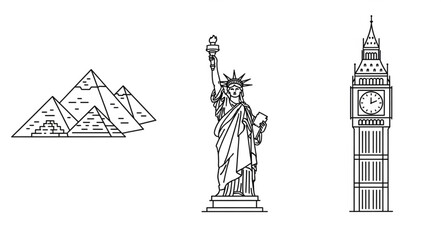 Iconic Landmarks Including Pyramids Statue of Liberty and Big Ben. © Lukman