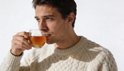 Fototapeta premium Man sipping tea in knitted sweater while looking ahead in bright clean commercial portrait