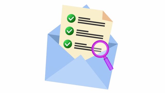 Correct check mark on digital marketing checklist with open envelope cartoon animation in the alpha channel. Flat design delivery document with a new read message icon. Data task validation symbol.