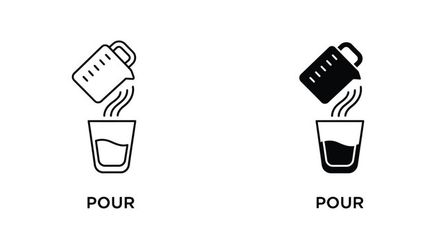 Liquid pouring from measuring jug into glass container vector icon set