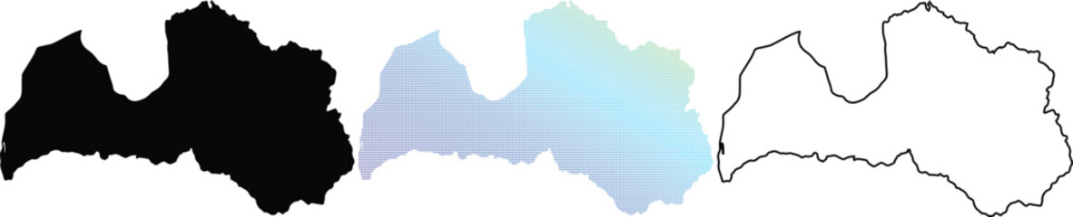 Latvia Country Map Set featuring solid black silhouette, modern pixelated dot pattern with blue gradient, and minimalist line art outline for geographic and travel designs. © Hossain's Stodio 