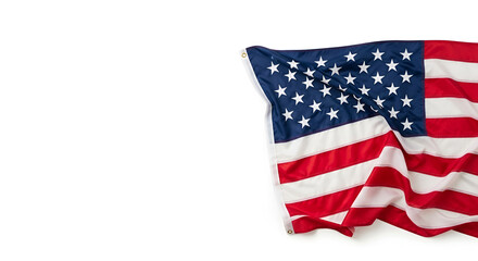 Fototapeta premium American flag on white background, waving stars and stripes, patriotic symbol for Memorial Day, Veterans Day, Independence Day, national pride, honor, and sacrifice.