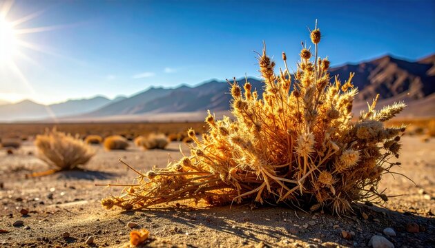 Close-up of dried brittle desert vegetation with fibrous texture against a vast arid landscape and mountains under a clear blue sky.