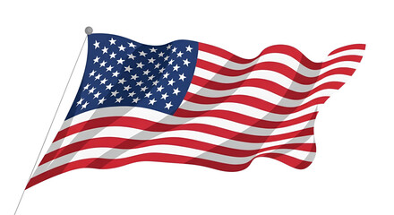 Obraz premium Waving American flag illustration, patriotic US national symbol for Memorial Day, Veterans Day, and July 4th, red white and blue stars and stripes on white background.