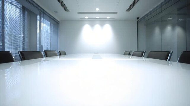 Modern conference room with large white table and empty chairs  